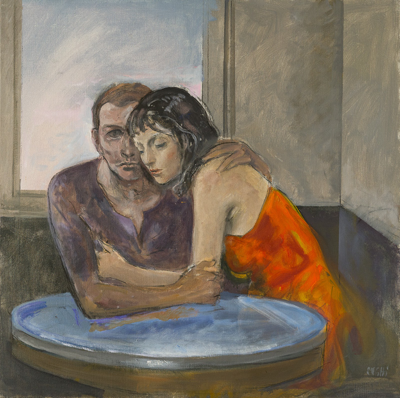Alberto Sughi, Giovani innamorati, olio su tela, 80x80cm, 2011