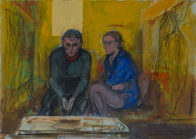 Alberto Sughi, Insieme e lontano, tempera su carta intelata, 50x70cm, 2010