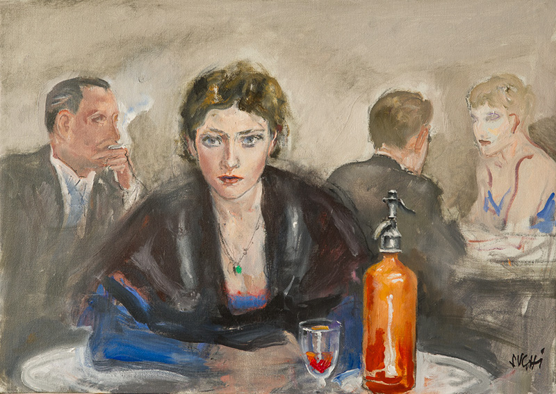 Alberto Sughi, Donna al bar, olio su tela, 50x70cm, 2011