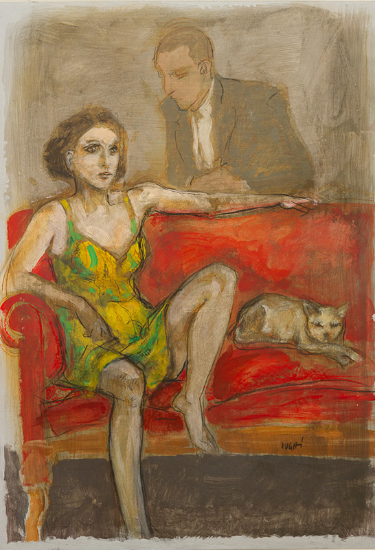Alberto Sughi, Divano rosso, tempera su cartone, 100x70cm, 2010
