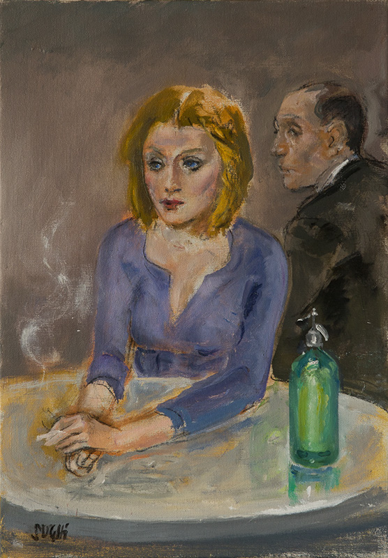 Alberto Sughi, Due figure al caffe', olio su tela, 50x35cm, 2011